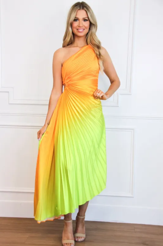 St Tropez Ombre Pleated One Shoulder Maxi Dress: Orange/Green Multi sold by Bella and Bloom