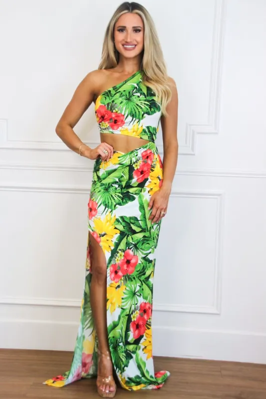 Ava Cutout One Shoulder Maxi Dress: White/Green/Yellow FLORAL sold by Bella and Bloom