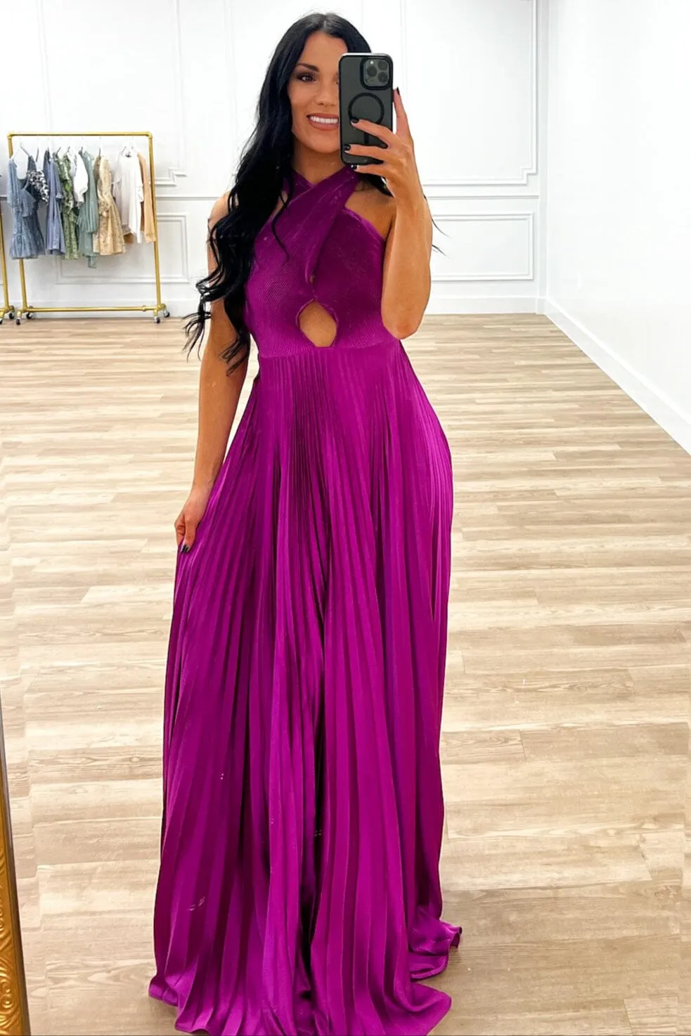Calista High Neck Pleated Maxi Dress: Magenta Orchid sold by Bella and Bloom