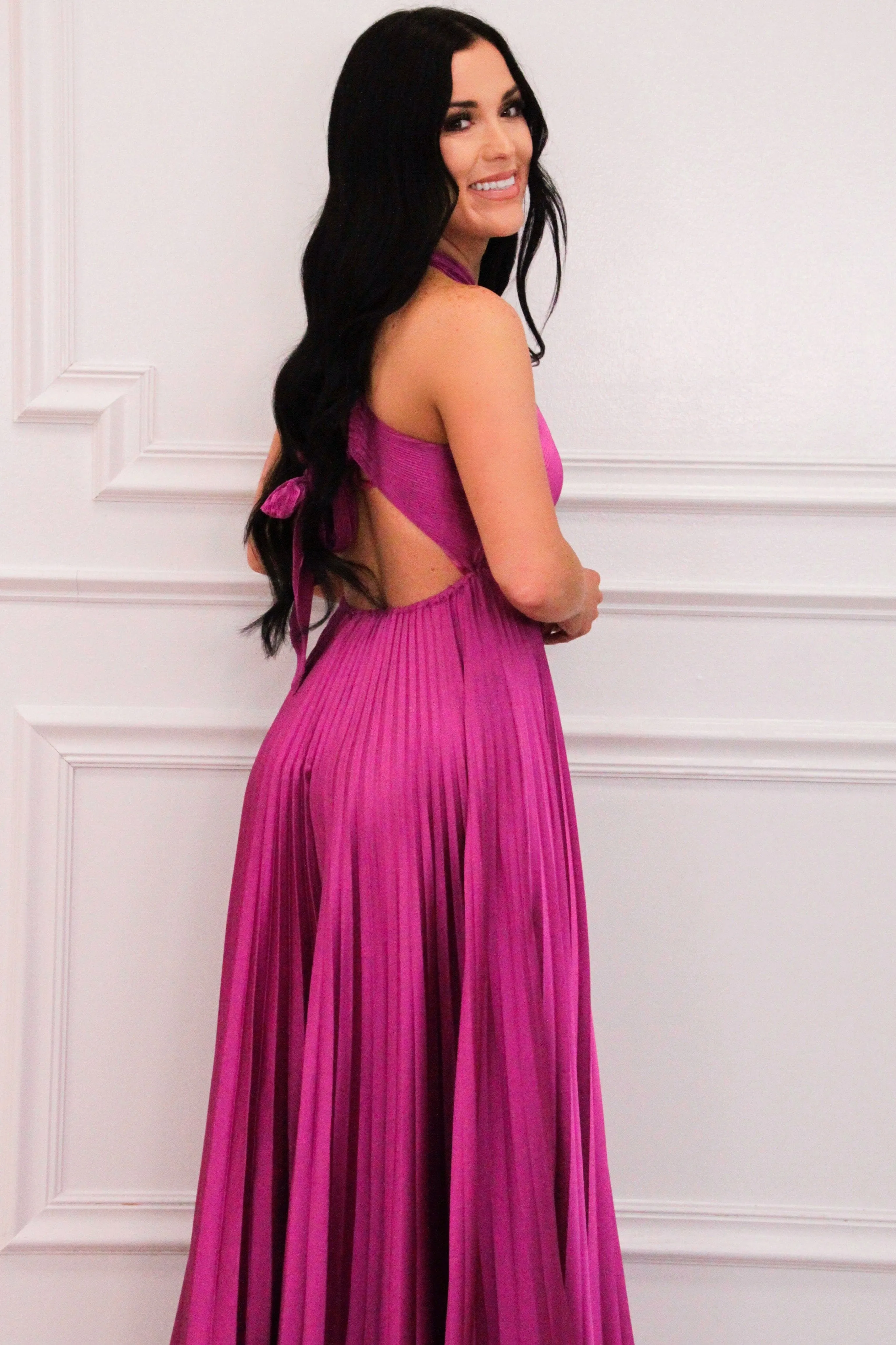 Calista High Neck Pleated Maxi Dress: Magenta Orchid sold by Bella and Bloom product image thumbnail 2