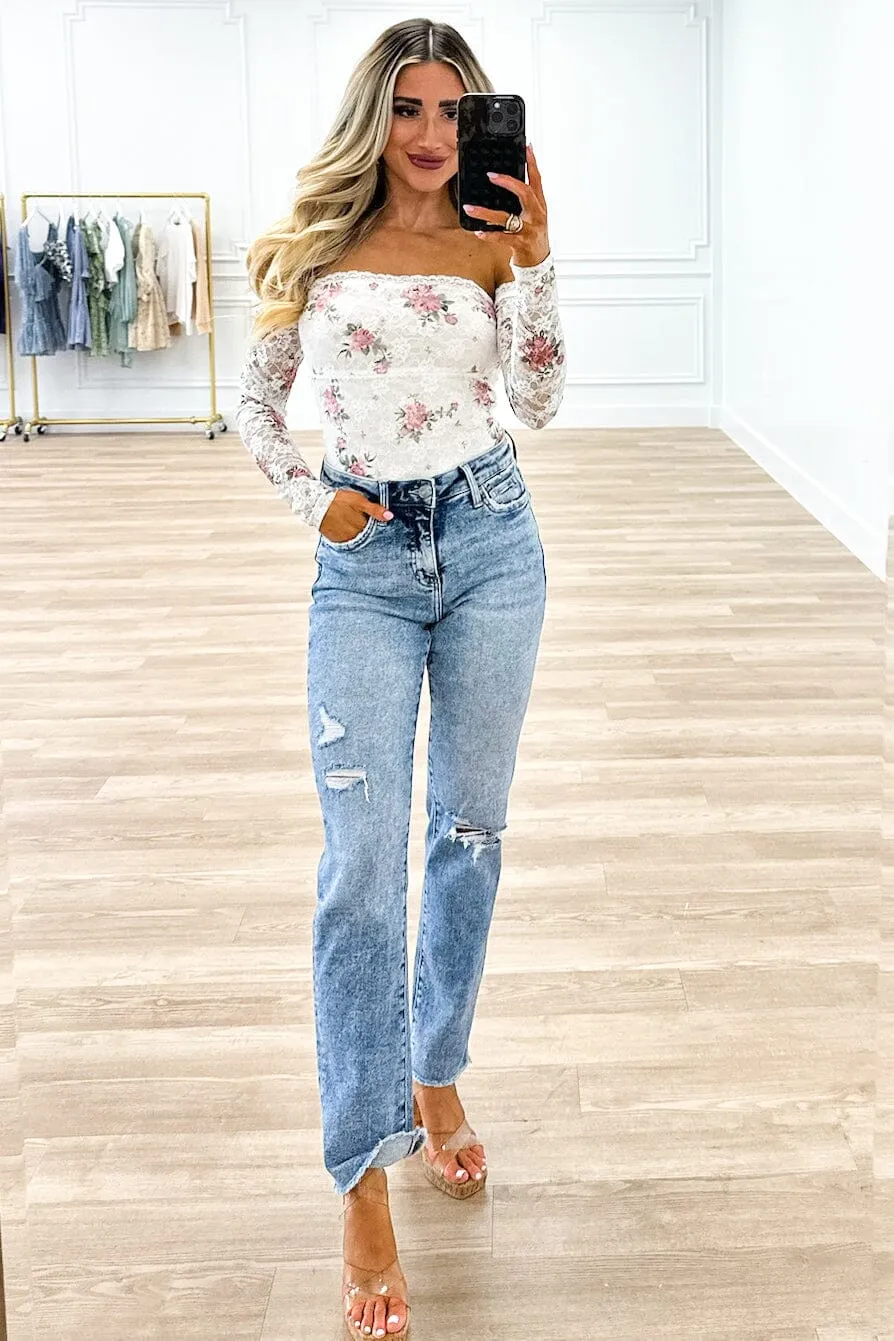 Kyia Off Shoulder Lace Floral Bodysuit: White/Blush sold by Bella and Bloom