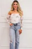 Kyia Off Shoulder Lace Floral Bodysuit: White/Blush sold by Bella and Bloom