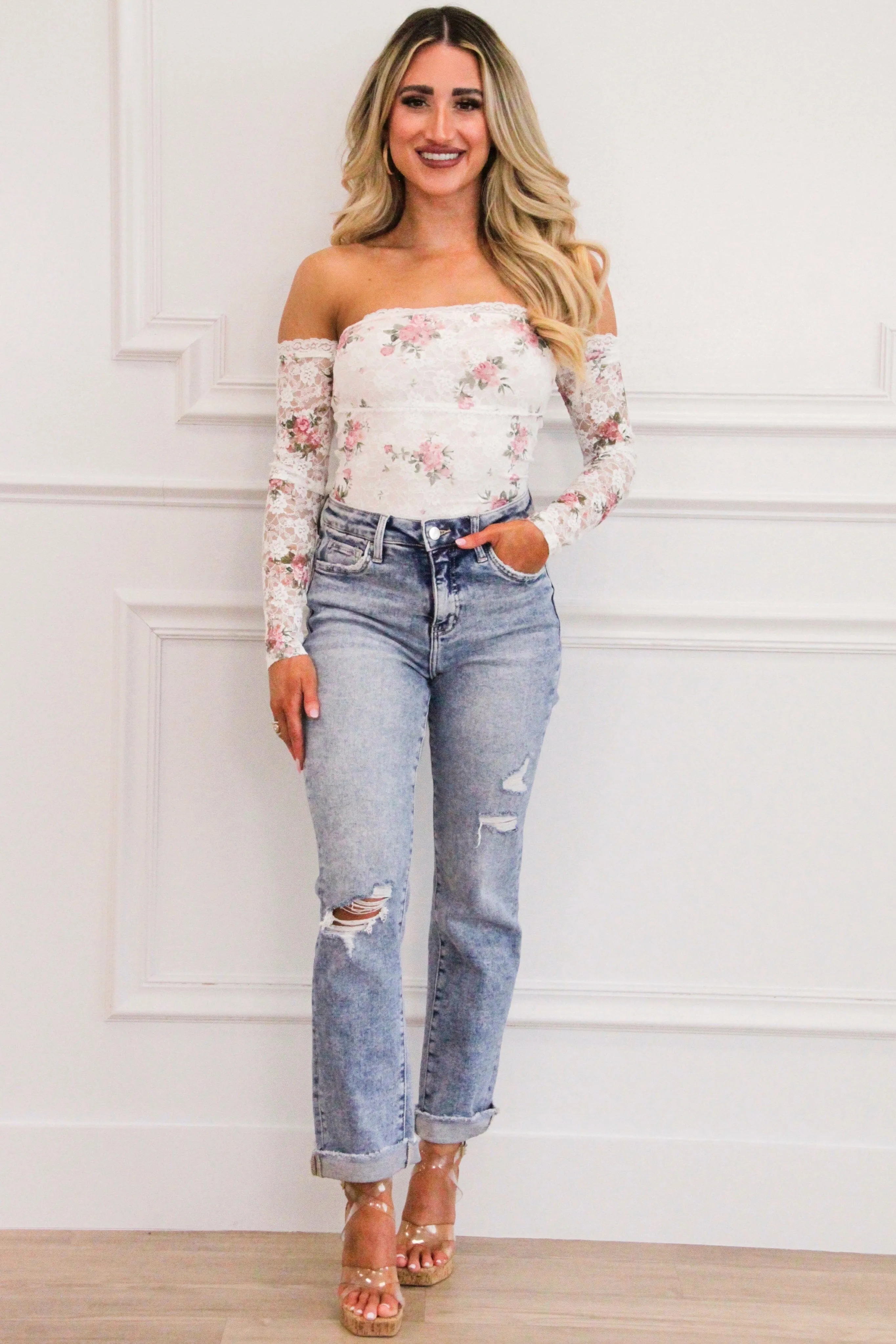Kyia Off Shoulder Lace Floral Bodysuit: White/Blush sold by Bella and Bloom product image thumbnail 2