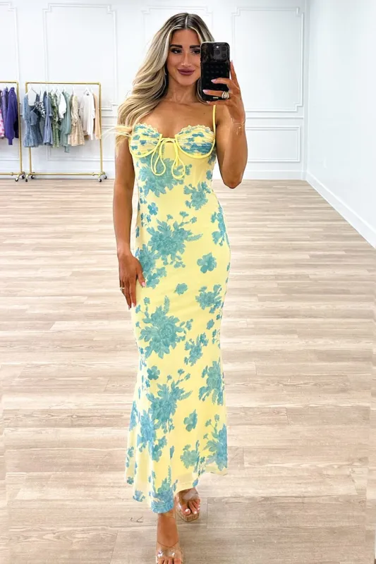 First Bloom Floral Long Midi Dress: Yellow/Blue sold by Bella and Bloom