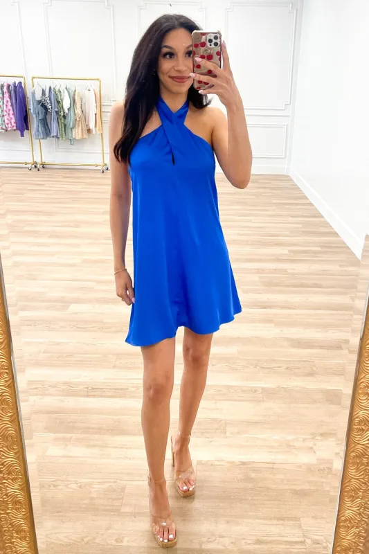 Charlize High Neck Open Back Halter Dress: Blue sold by Bella and Bloom