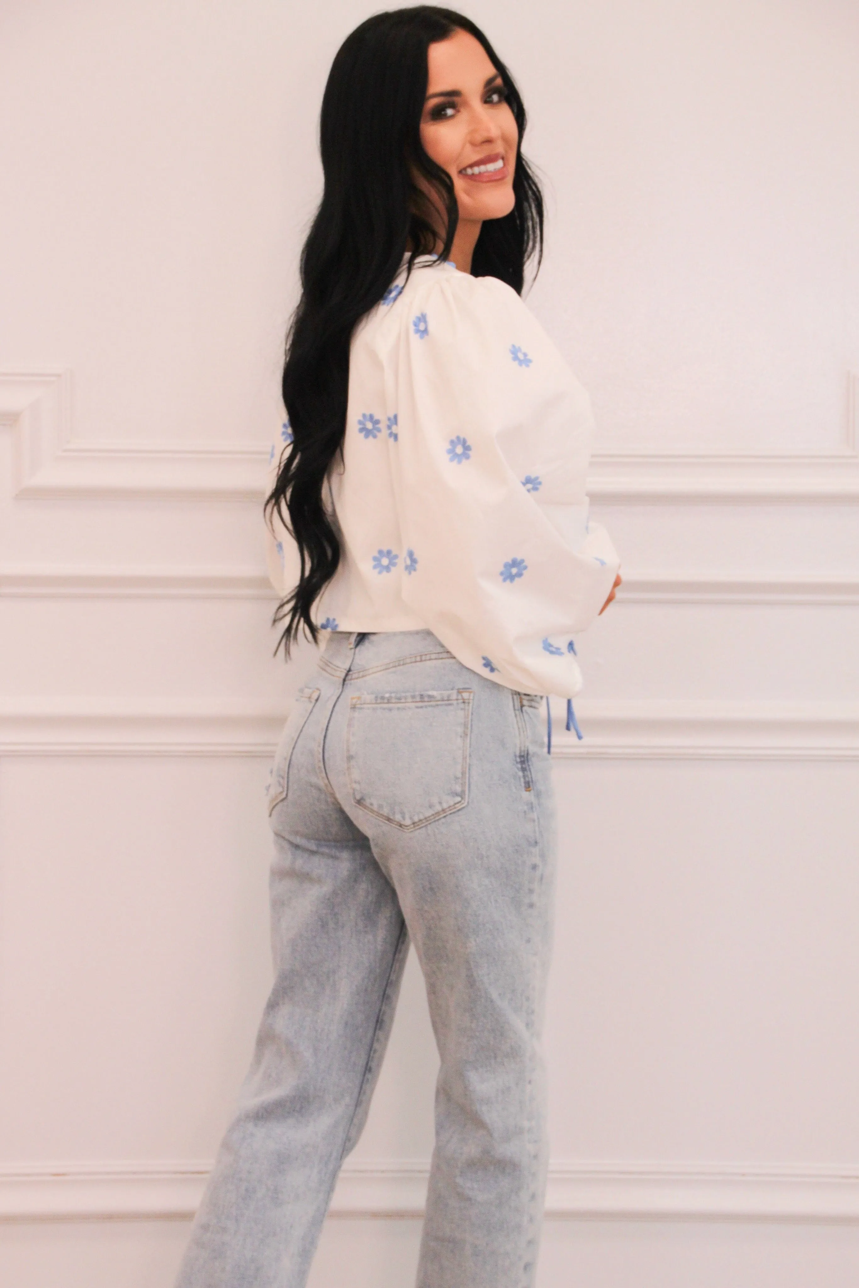 Daisy Do Embroidered Bow Top: White/Blue sold by Bella and Bloom product image thumbnail 4