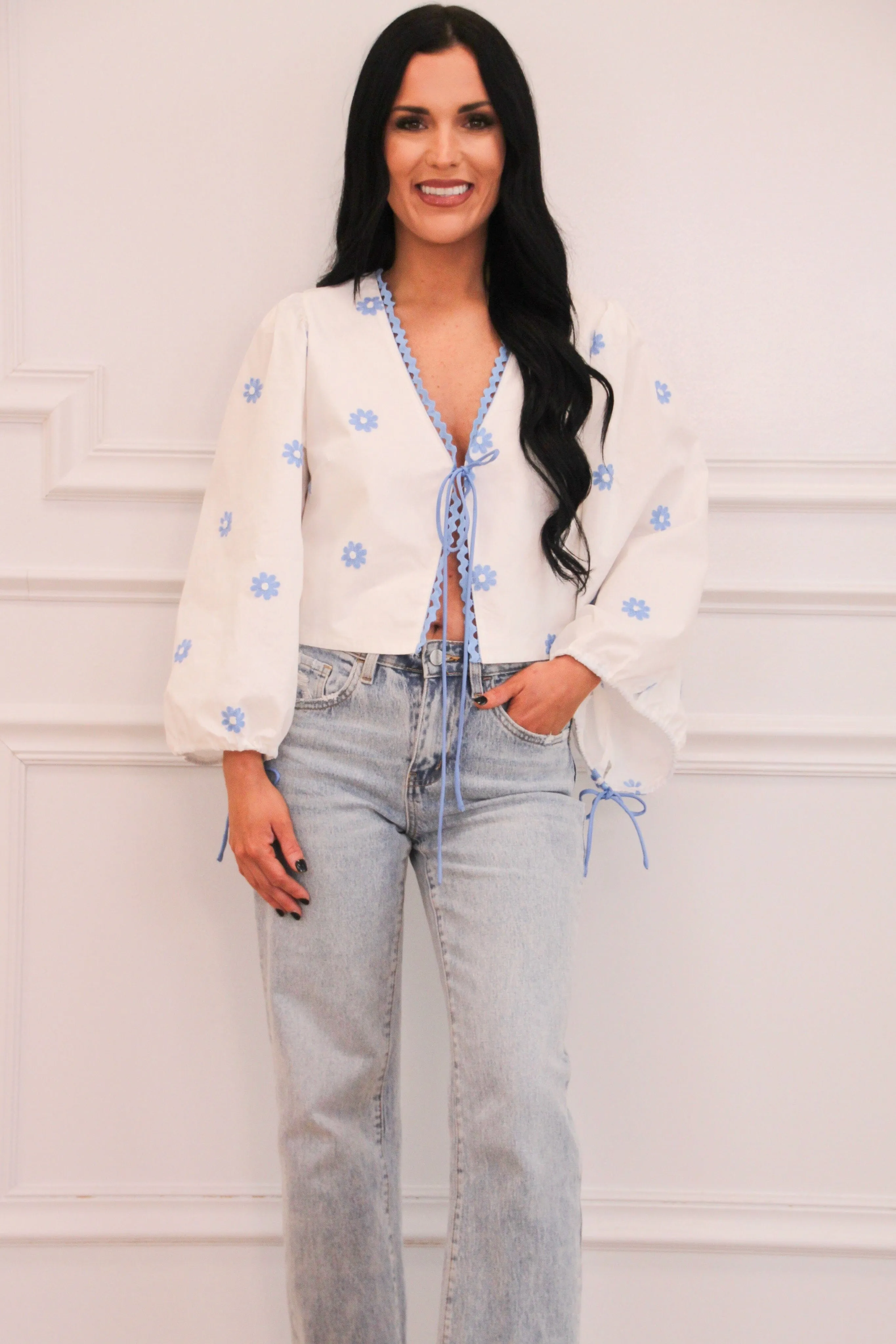 Daisy Do Embroidered Bow Top: White/Blue sold by Bella and Bloom product image thumbnail 3