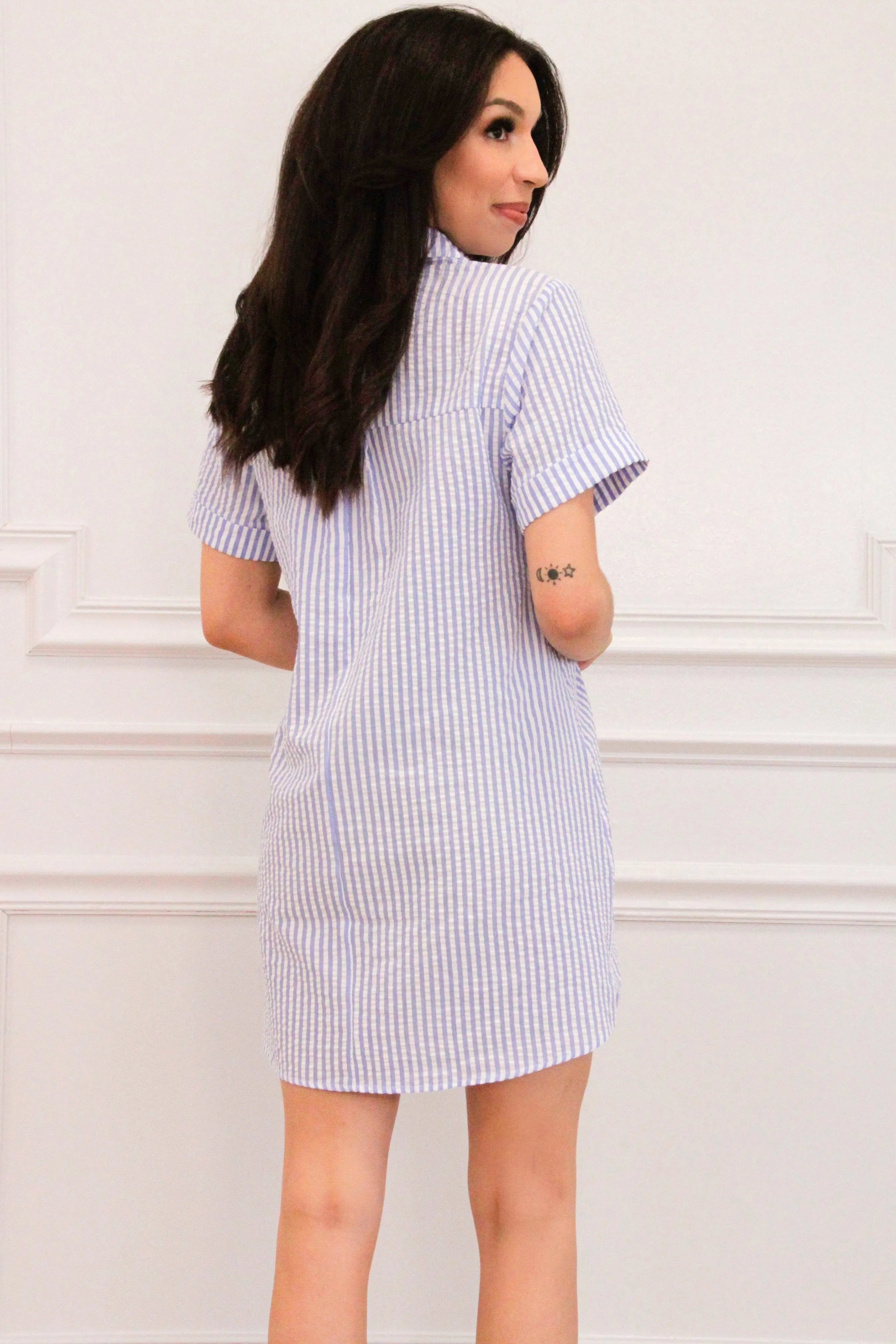 Summer Love Striped Seersucker Shirt Dress: Blue/White sold by Bella and Bloom product image thumbnail 4