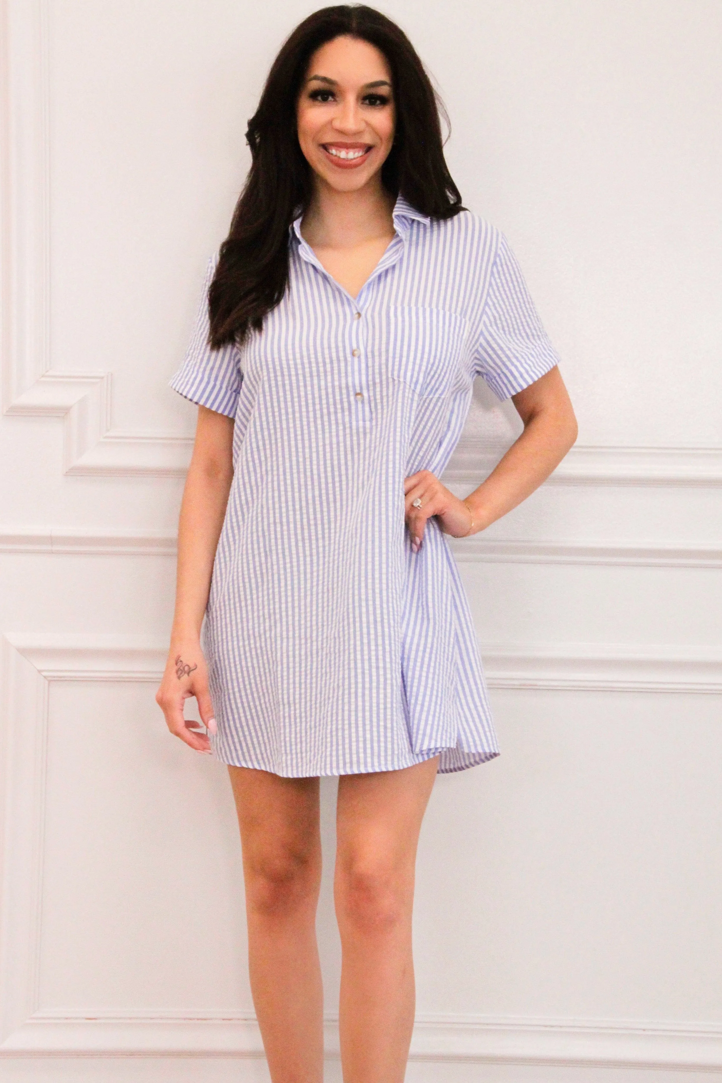 Summer Love Striped Seersucker Shirt Dress: Blue/White sold by Bella and Bloom product image thumbnail 3