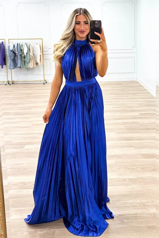 Addicted to Love Pleated Halter Maxi Dress: Royal Blue sold by Bella and Bloom