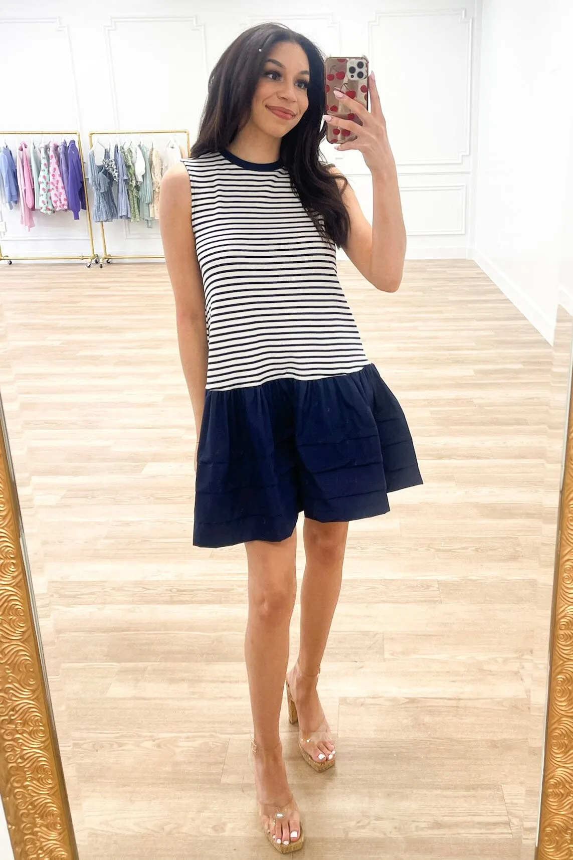 Sail Away With Me Striped Dress: White/Navy sold by Bella and Bloom