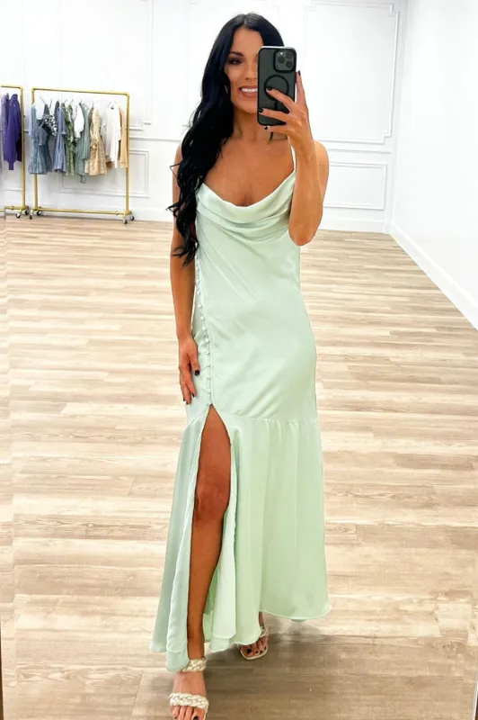Michaela Open Back Cowl Neck Satin Button Maxi Dress: Mint Pastel Green sold by Bella and Bloom
