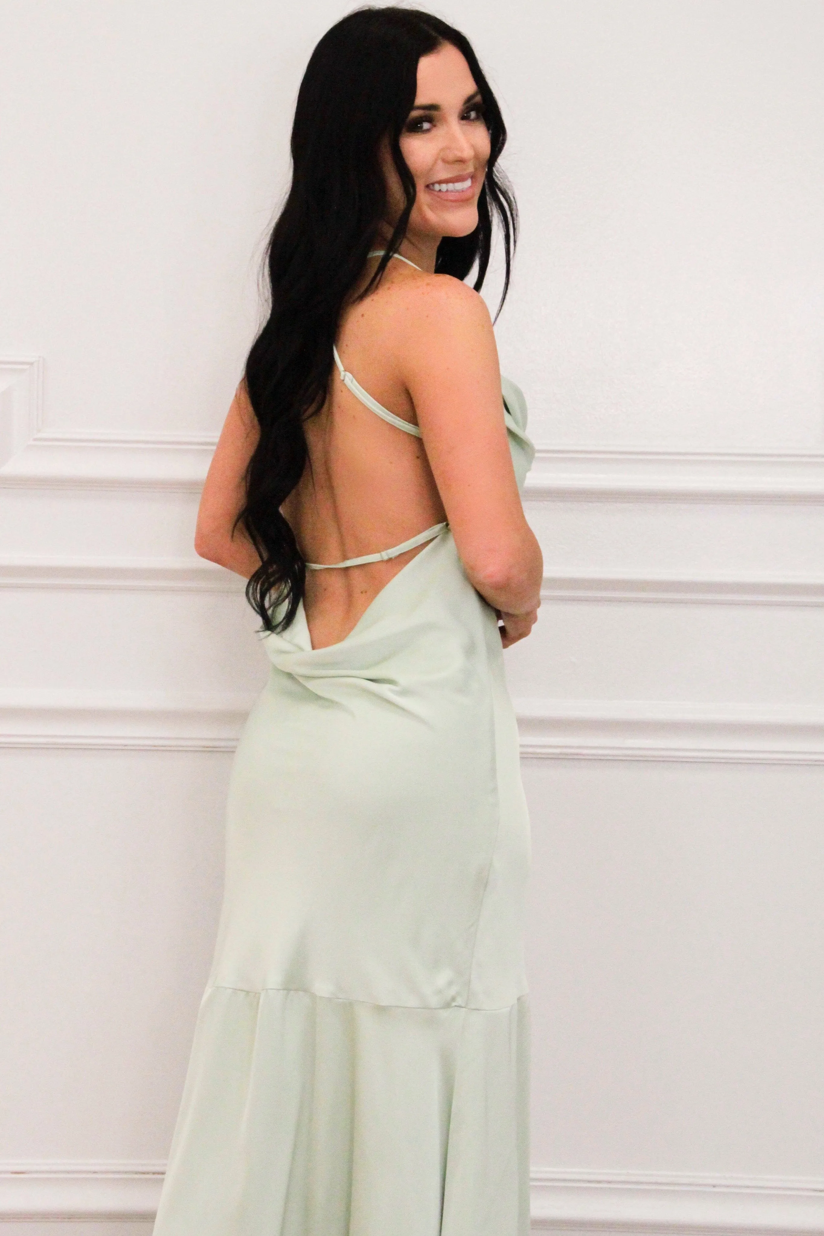 Michaela Open Back Cowl Neck Satin Button Maxi Dress: Mint Pastel Green sold by Bella and Bloom product image thumbnail 2