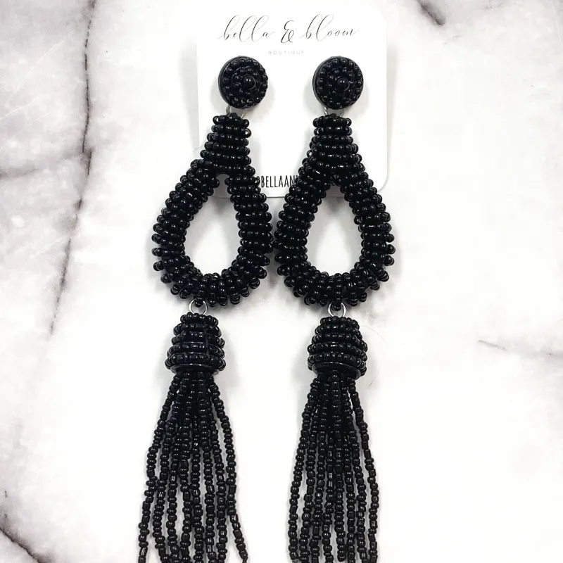 Beaded Teardrop Tassel Earrings: Black sold by Bella and Bloom