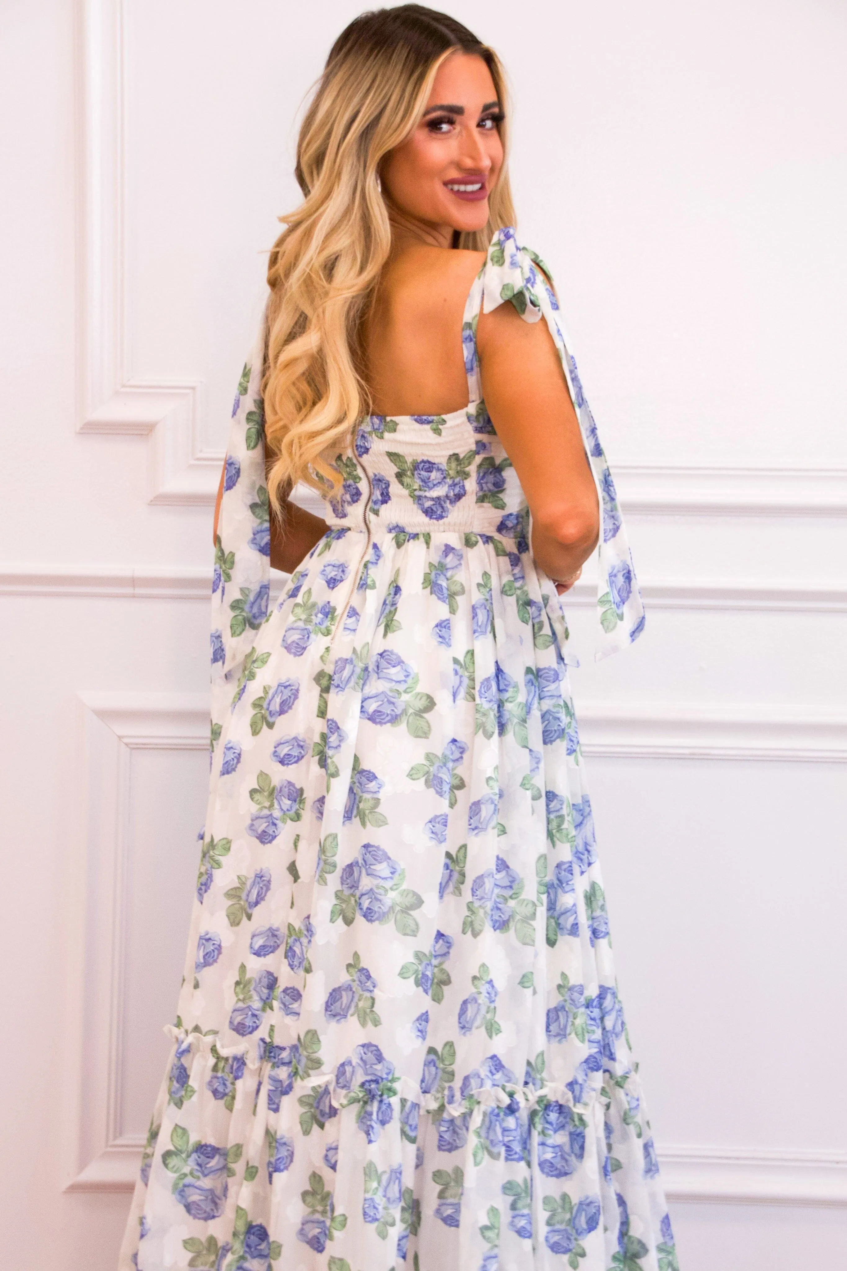 Garden Romance Floral Tie Sleeve Maxi Dress: White/Blue, sold by Bella and Bloom product image thumbnail 4