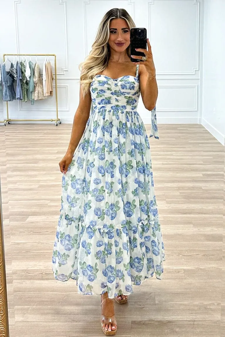 Garden Romance Floral Tie Sleeve Maxi Dress: White/Blue, sold by Bella and Bloom product image thumbnail 2