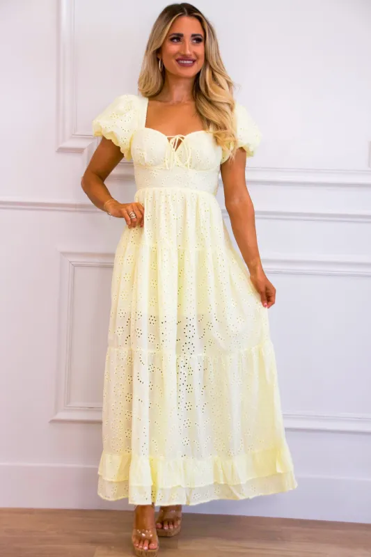 Brissa Eyelet Maxi Dress: Yellow sold by Bella and Bloom