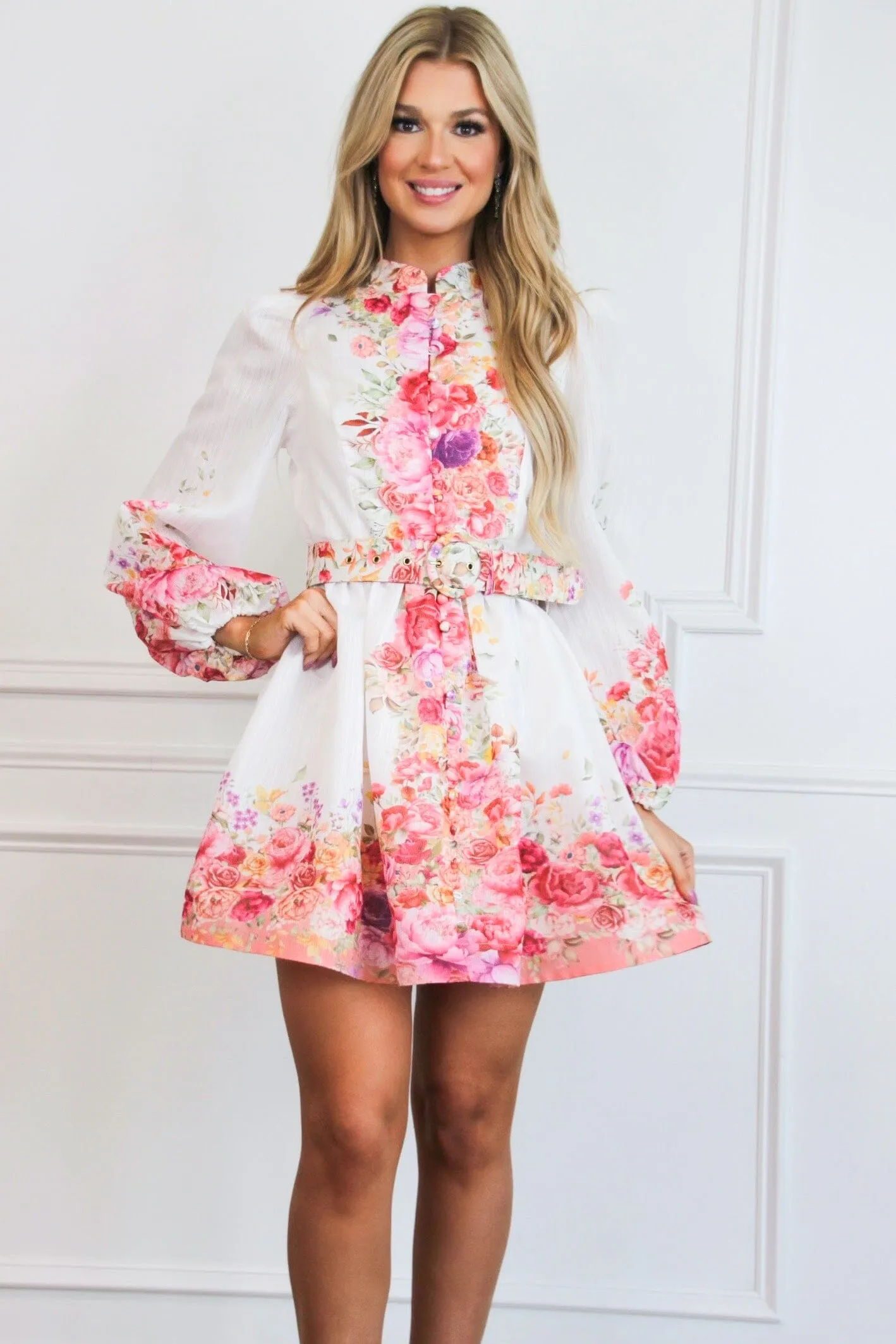 Annaline Floral Belted Long Sleeve Dress: White Floral sold by Bella and Bloom product image thumbnail 2
