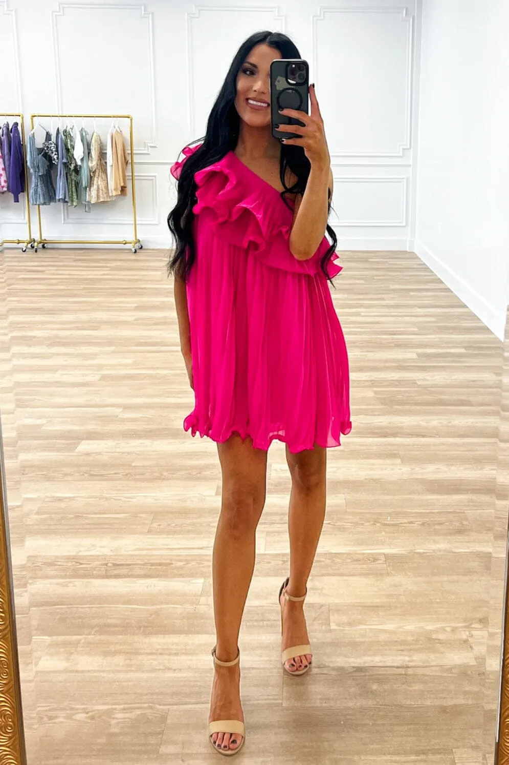 Briena One Shoulder Pleated Dress: Hot Pink sold by Bella and Bloom product image thumbnail 2