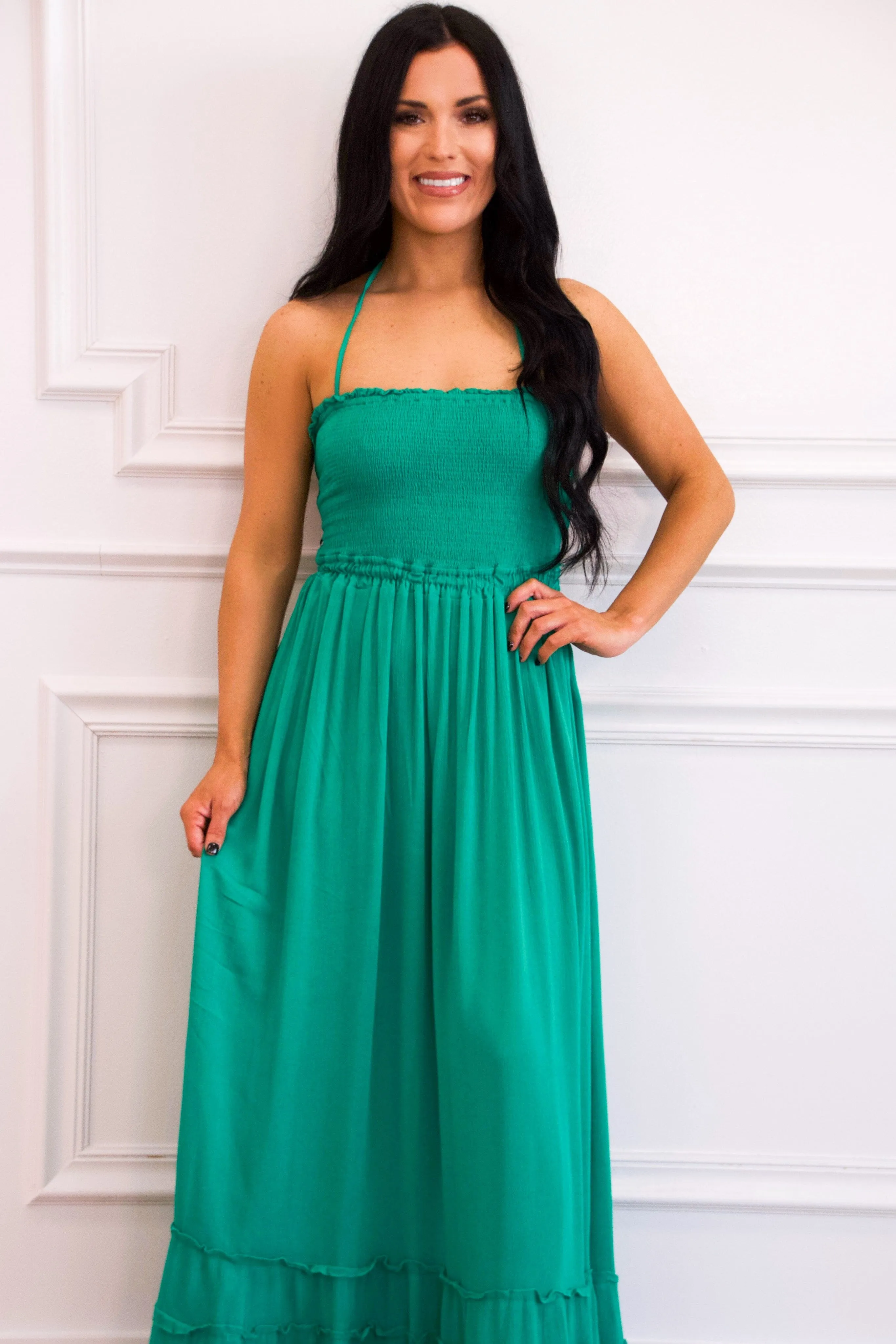Chandler Smocked Open Back Maxi Dress: Green sold by Bella and Bloom product image thumbnail 3