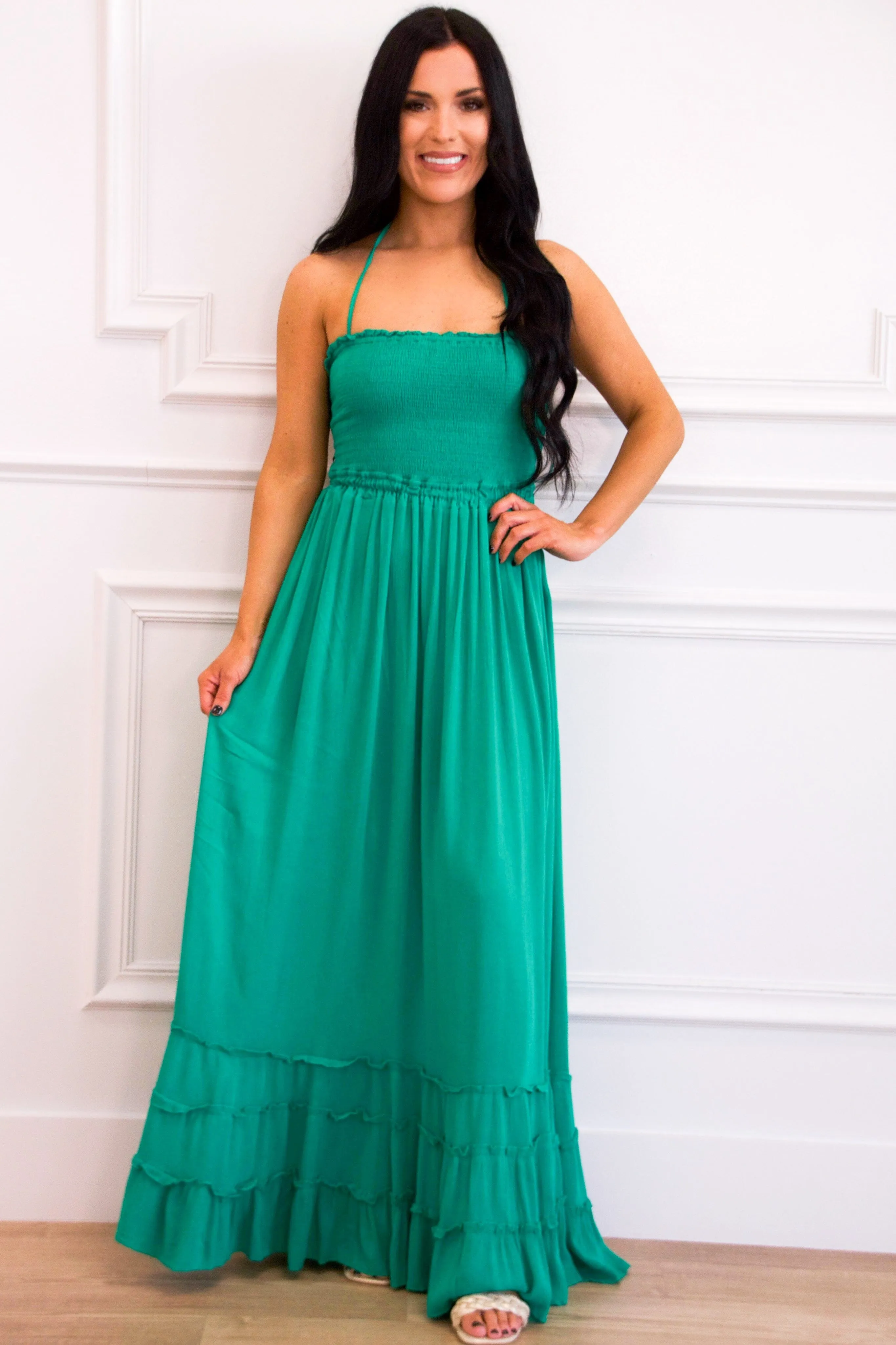 Chandler Smocked Open Back Maxi Dress: Green sold by Bella and Bloom