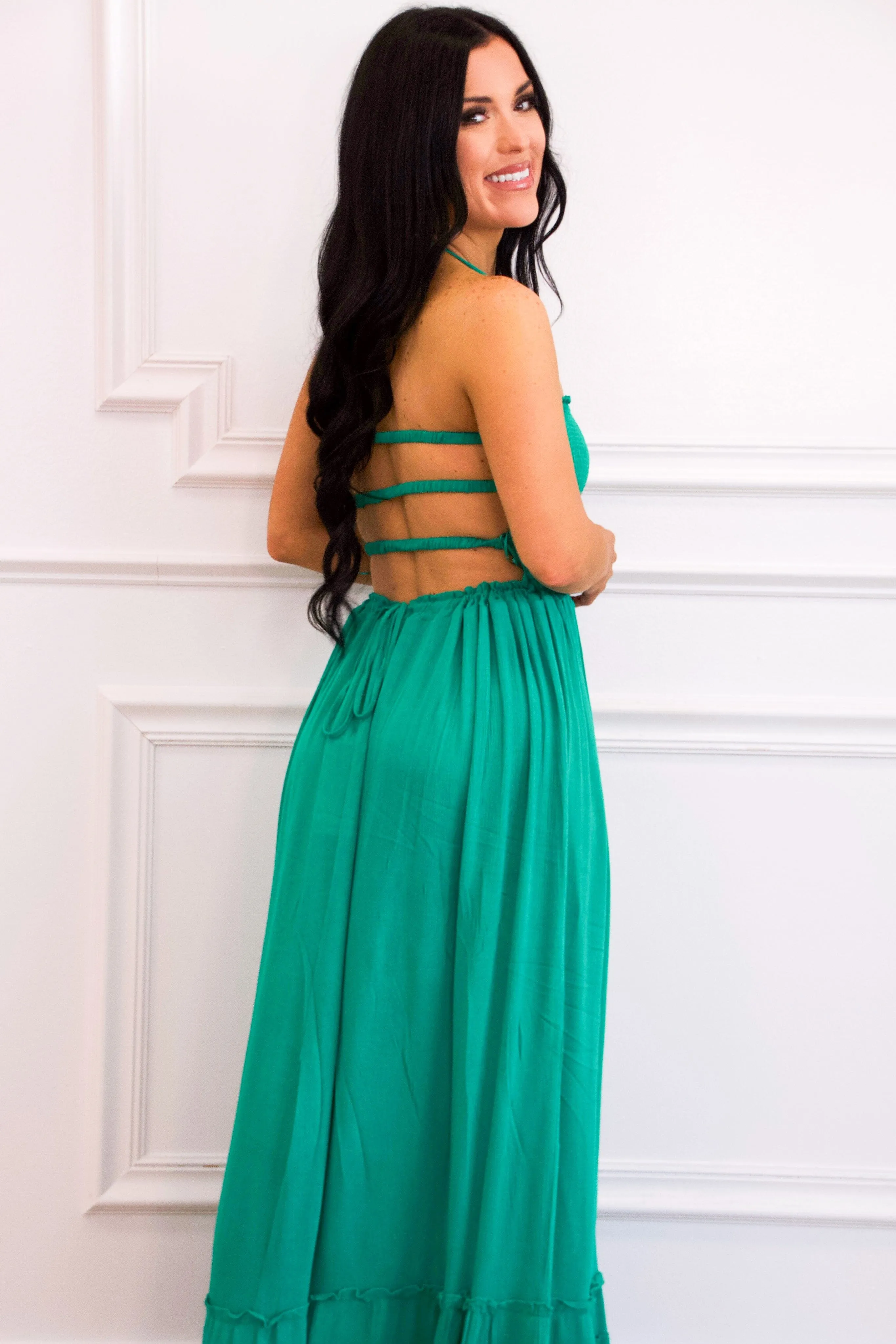 Chandler Smocked Open Back Maxi Dress: Green sold by Bella and Bloom product image thumbnail 2