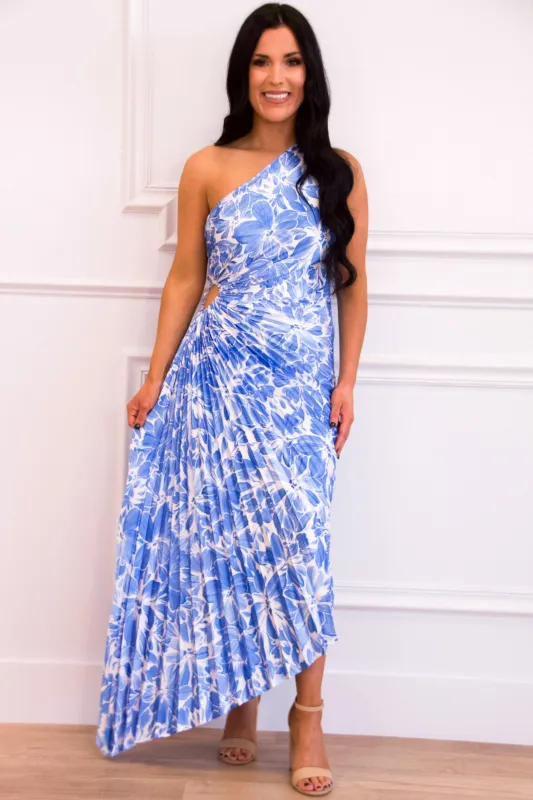 Novelle One Shoulder Pleated Asymmetrical Maxi Dress: Blue Star Floral sold by Bella and Bloom