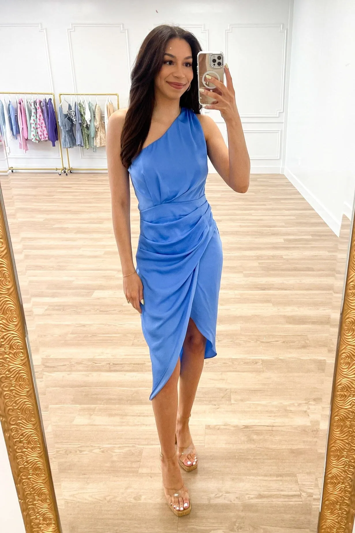 Happy With You One Shoulder Satin Midi Dress: Blue sold by Bella and Bloom product image thumbnail 2