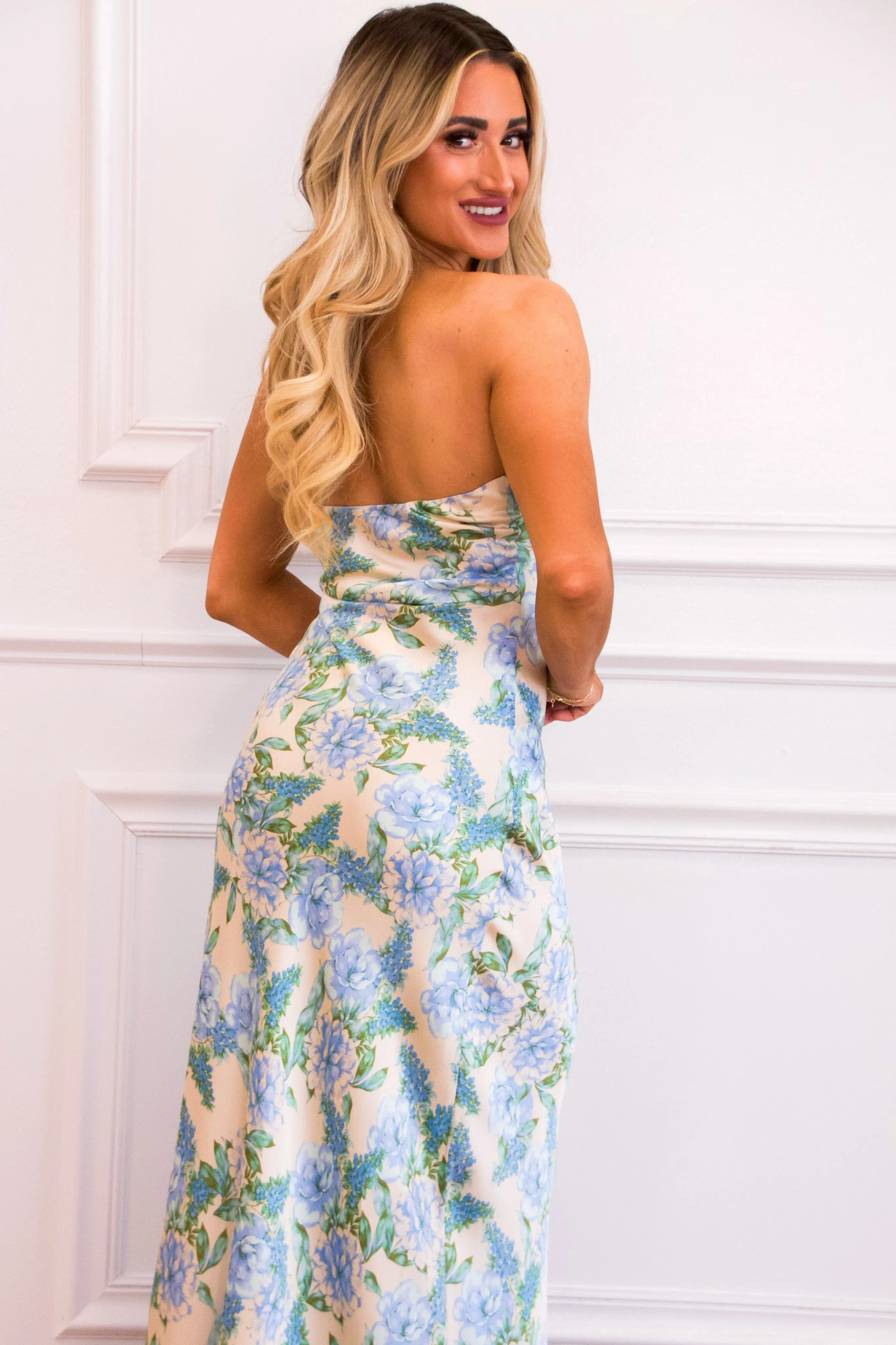 Locklin Strapless Satin Maxi Dress: Blue/Green Floral sold by Bella and Bloom product image thumbnail 4