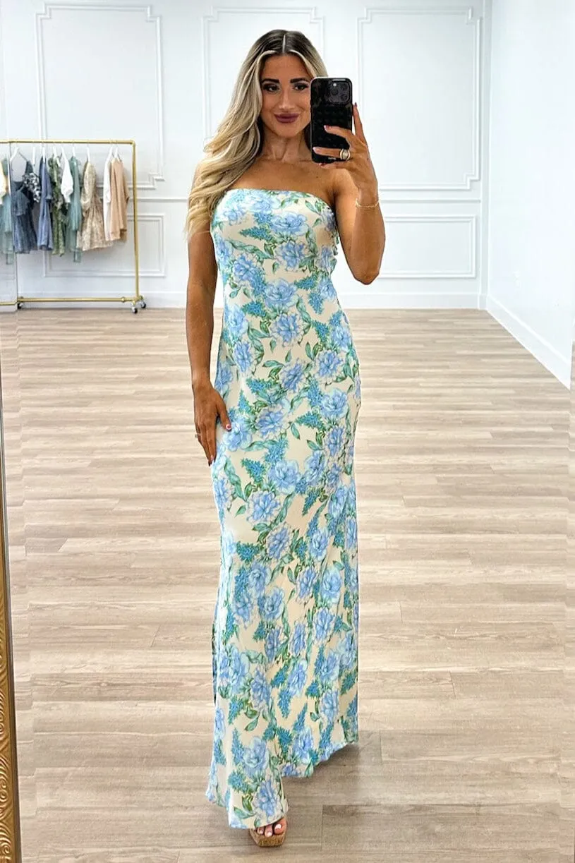Locklin Strapless Satin Maxi Dress: Blue/Green Floral sold by Bella and Bloom product image thumbnail 2