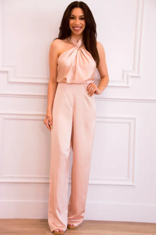 Drawn to You High Neck Satin Jumpsuit: Champagne sold by Bella and Bloom