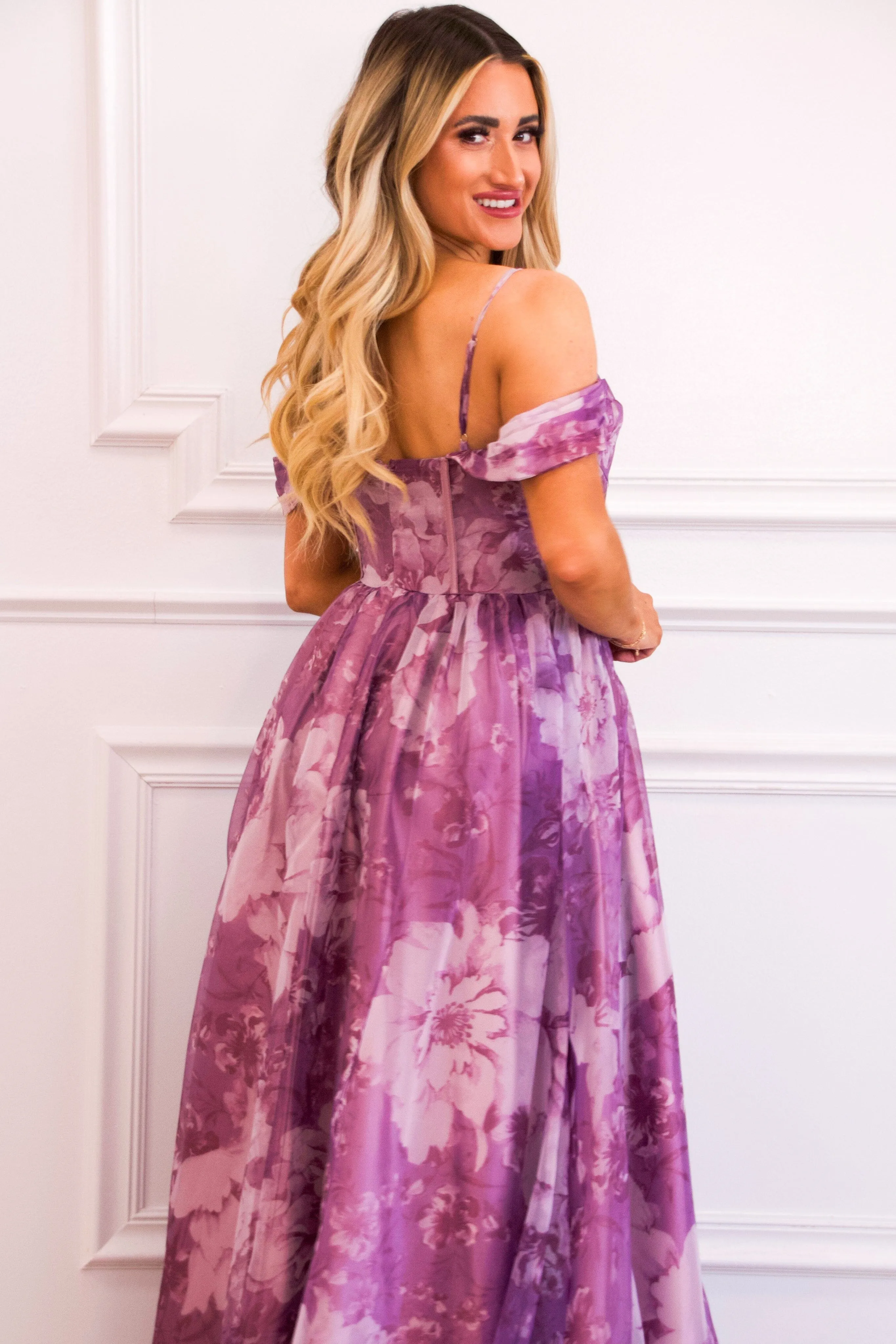 Garden Wedding Organza Off Shoulder Floral Maxi Dress: Dusty Lavender sold by Bella and Bloom product image thumbnail 3