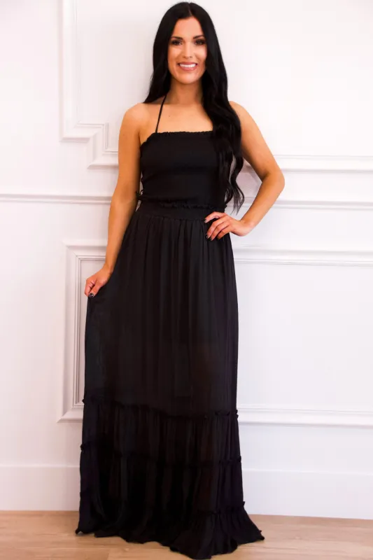 Chandler Smocked Open Back Maxi Dress: Black sold by Bella and Bloom