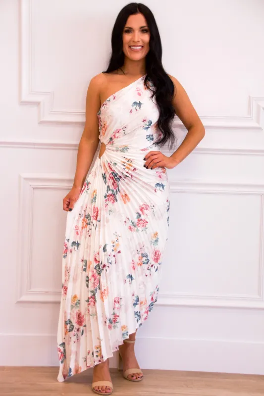 Novelle One Shoulder Pleated Asymmetrical Maxi Dress: Rose Cloud White Floral Multi sold by Bella and Bloom