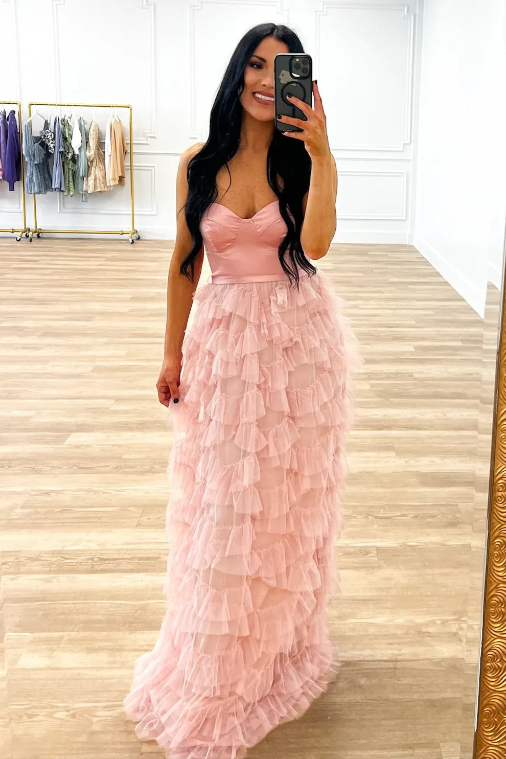 Layton Strapless Tulle Ruffle Maxi Dress: Mauve sold by Bella and Bloom product image thumbnail 4