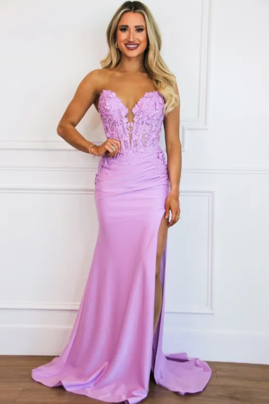 Karter Lace Bustier Shimmer Strapless Slit Formal Dress: Lavender sold by Bella and Bloom