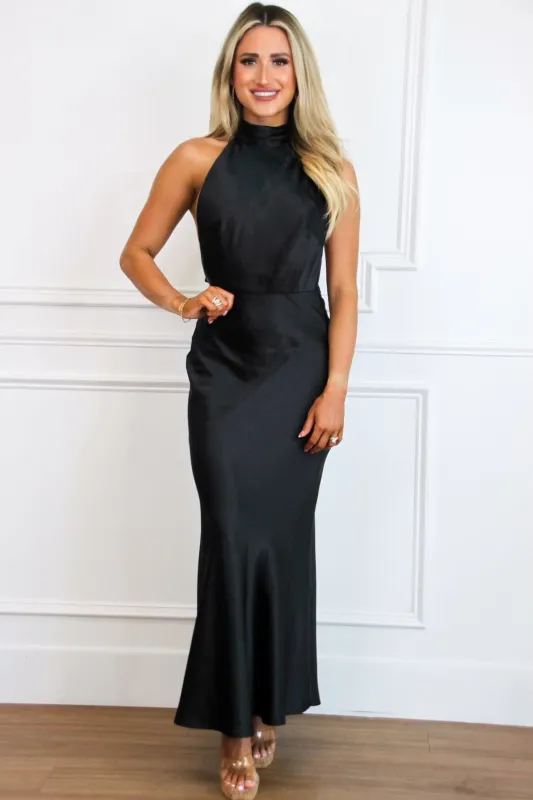 Take My Breath Away Satin Pearl Open Back Maxi Dress: Black sold by Bella and Bloom