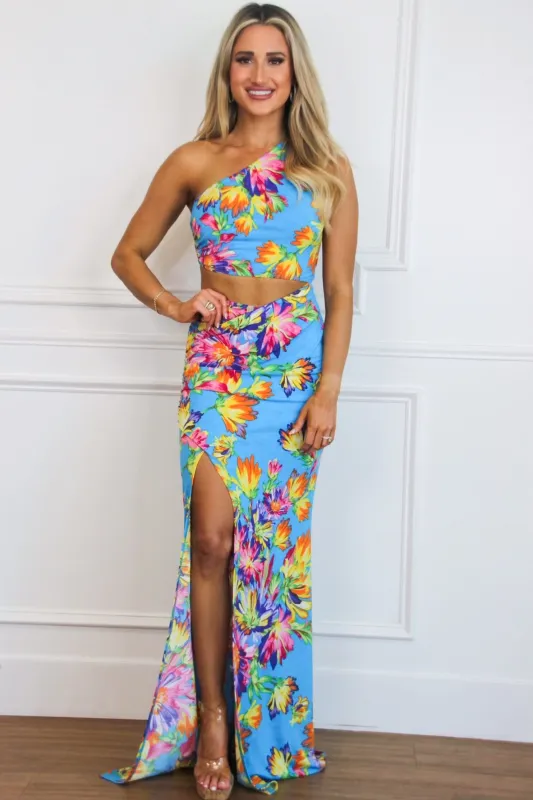 Ava Cutout One Shoulder Maxi Dress: Blue FLORAL sold by Bella and Bloom