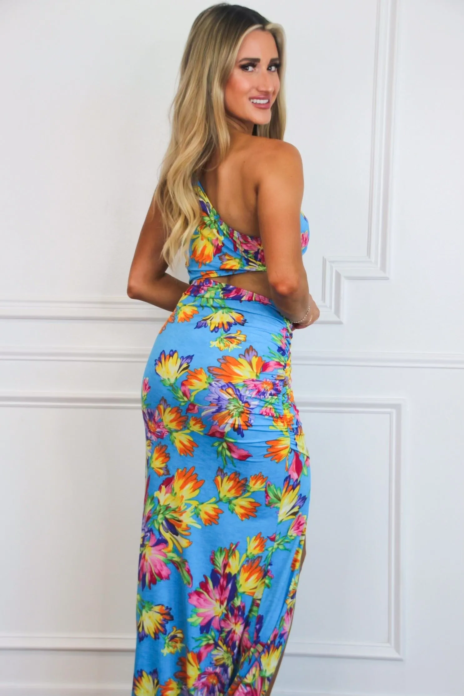 Ava Cutout One Shoulder Maxi Dress: Blue FLORAL sold by Bella and Bloom product image thumbnail 3