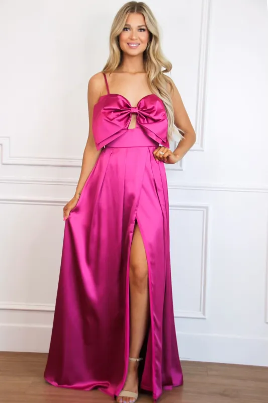 Ryanne Oversized Bow Satin Maxi Dress: Fuchsia sold by Bella and Bloom