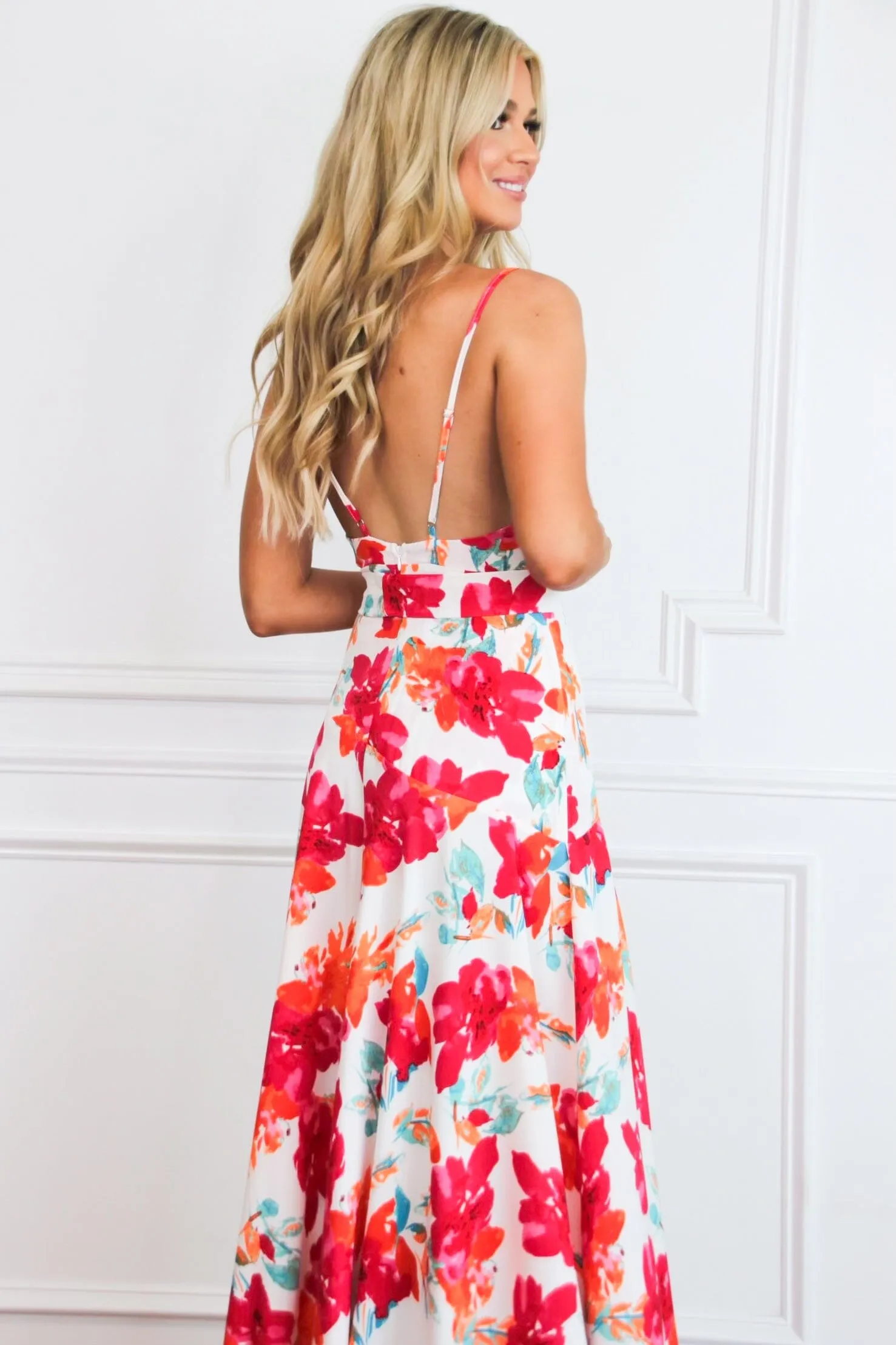 Island Escape Cowl Neck Floral Satin Maxi Dress: White Multi sold by Bella and Bloom product image thumbnail 3