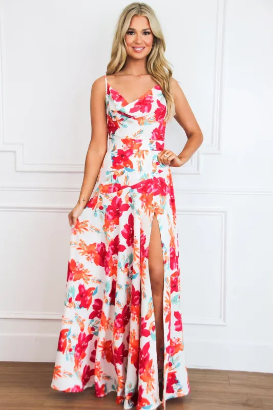 Island Escape Cowl Neck Floral Satin Maxi Dress: White Multi sold by Bella and Bloom