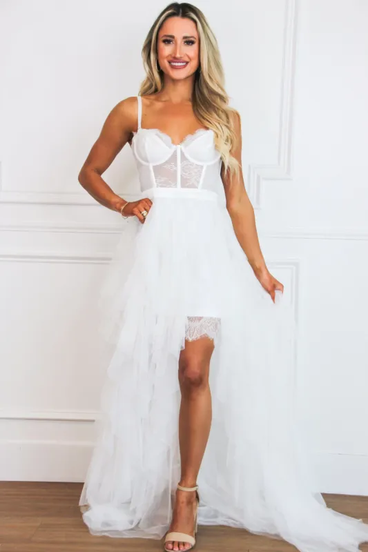 Be My Soulmate Lace Bustier Ruffle Maxi Dress: White sold by Bella and Bloom