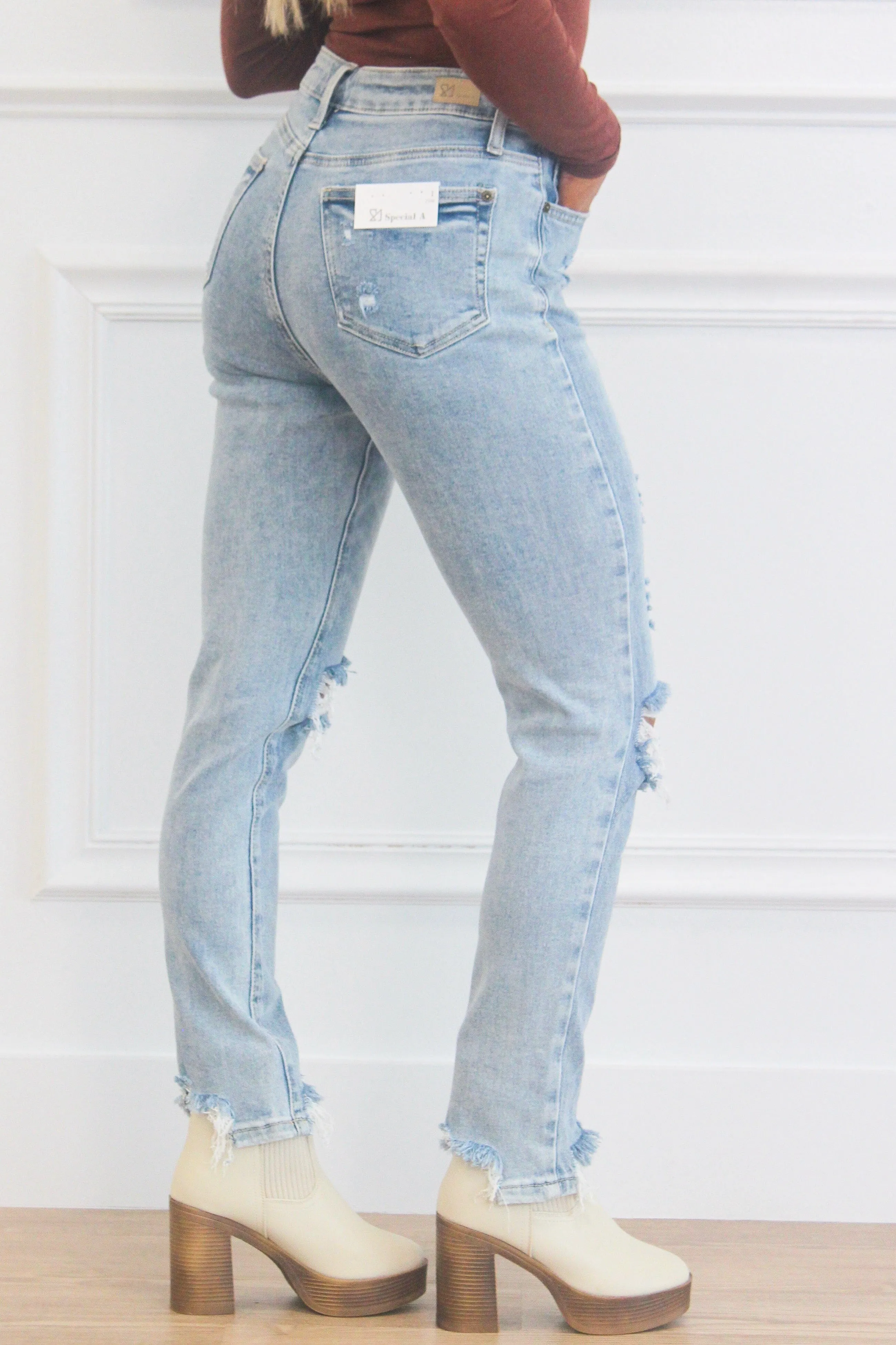 Chelsea High Waisted Distressed Straight Denim: Medium Wash sold by Bella and Bloom product image thumbnail 2