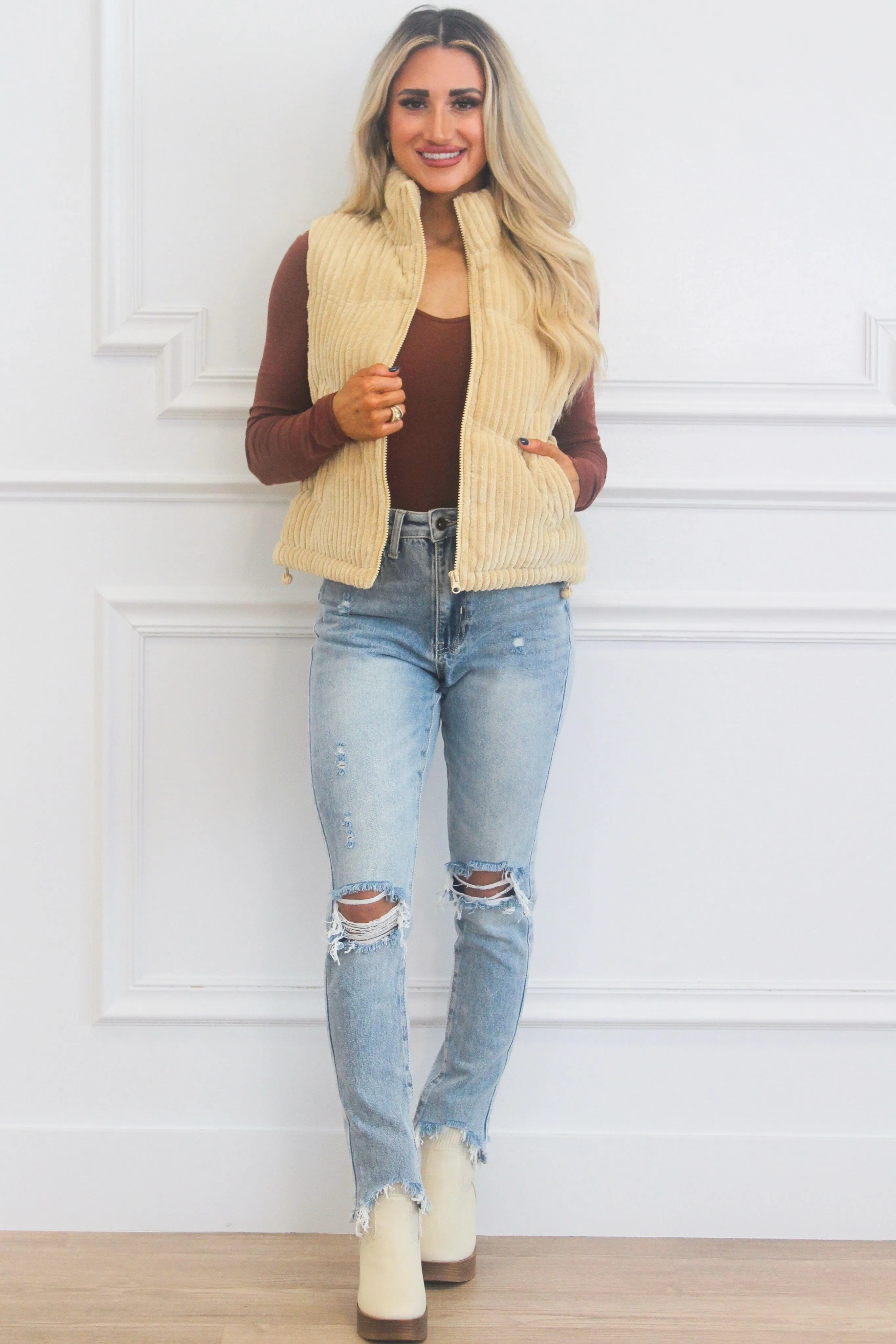 Chelsea High Waisted Distressed Straight Denim: Medium Wash sold by Bella and Bloom product image thumbnail 3