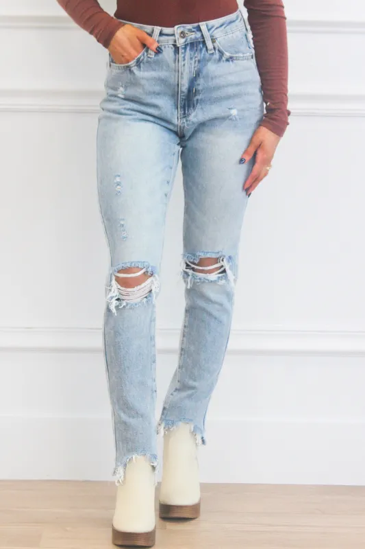 Chelsea High Waisted Distressed Straight Denim: Medium Wash sold by Bella and Bloom