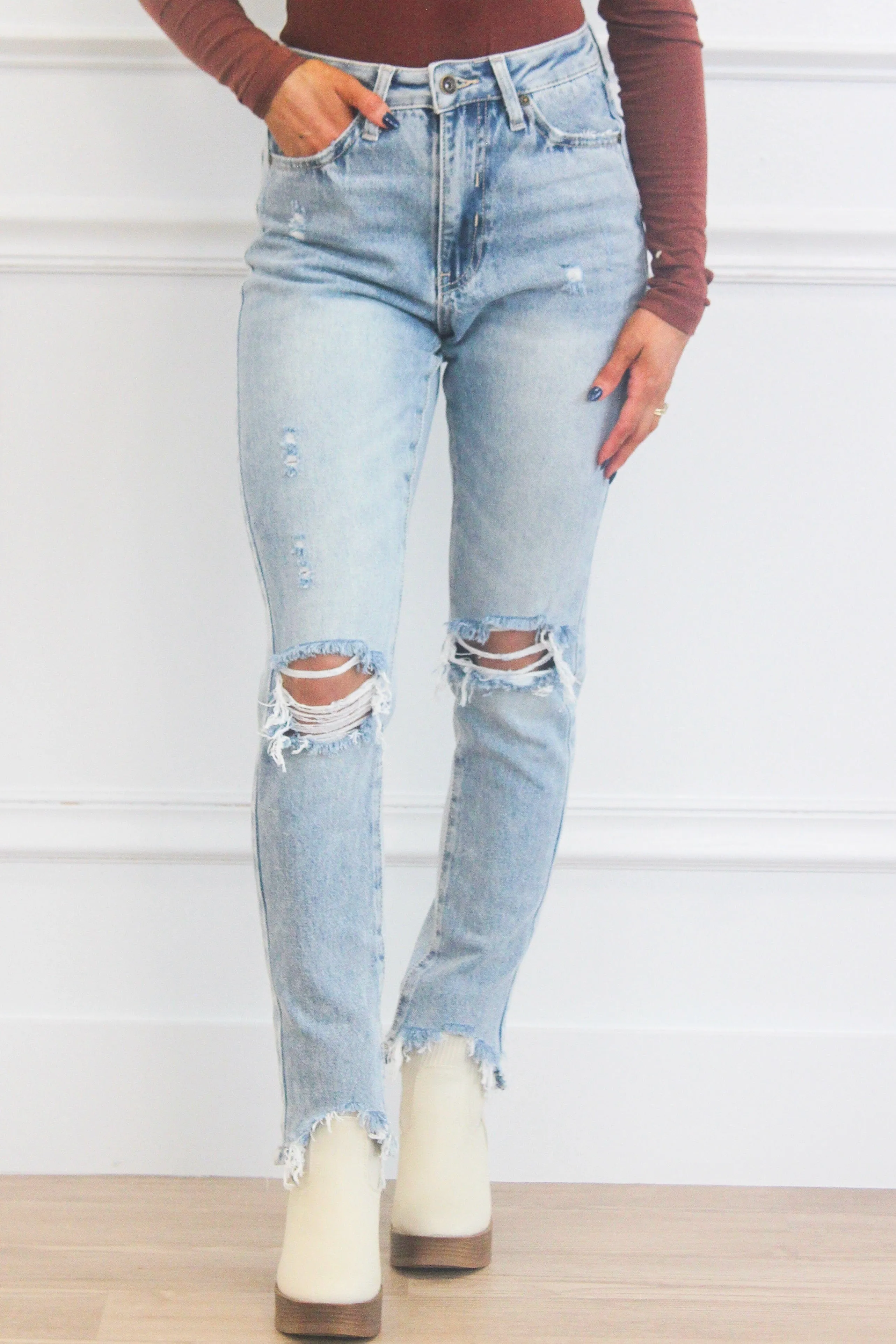 Chelsea High Waisted Distressed Straight Denim: Medium Wash sold by Bella and Bloom