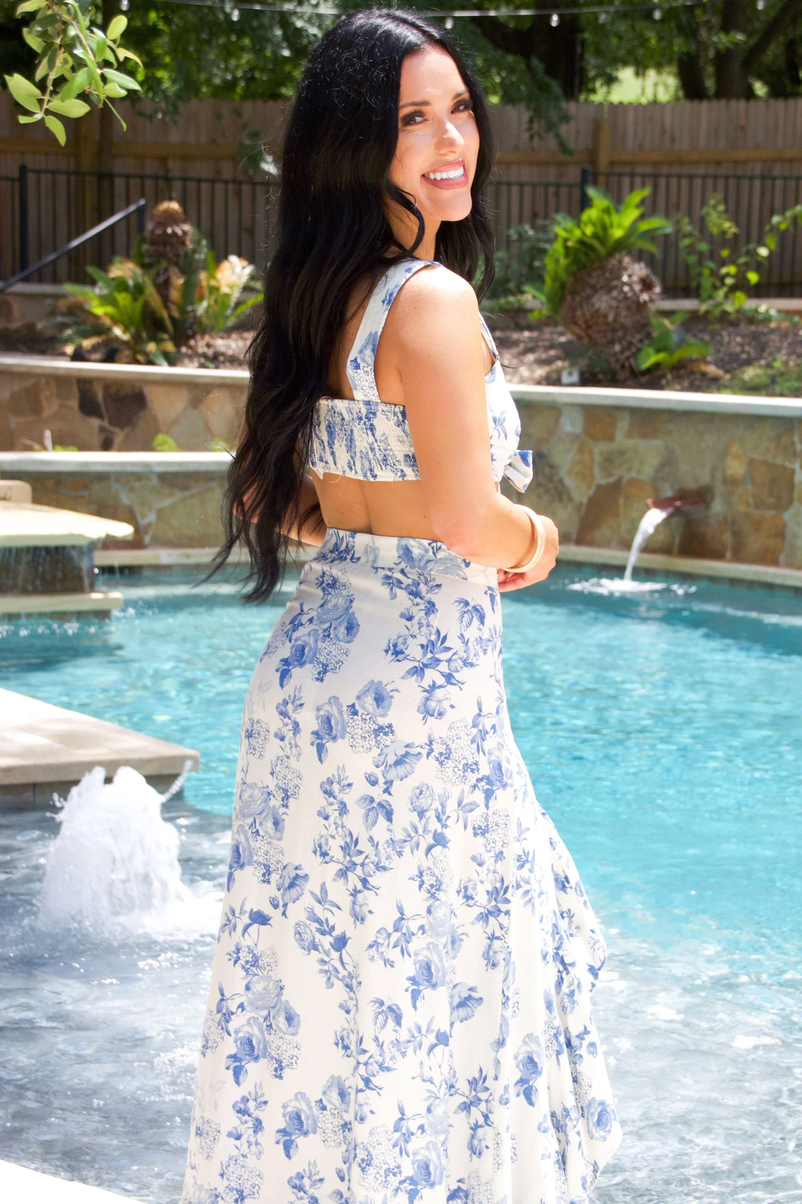 Sunny Romance Floral Two Piece Ruffle Set: Cream/Blue sold by Bella and Bloom product image thumbnail 2