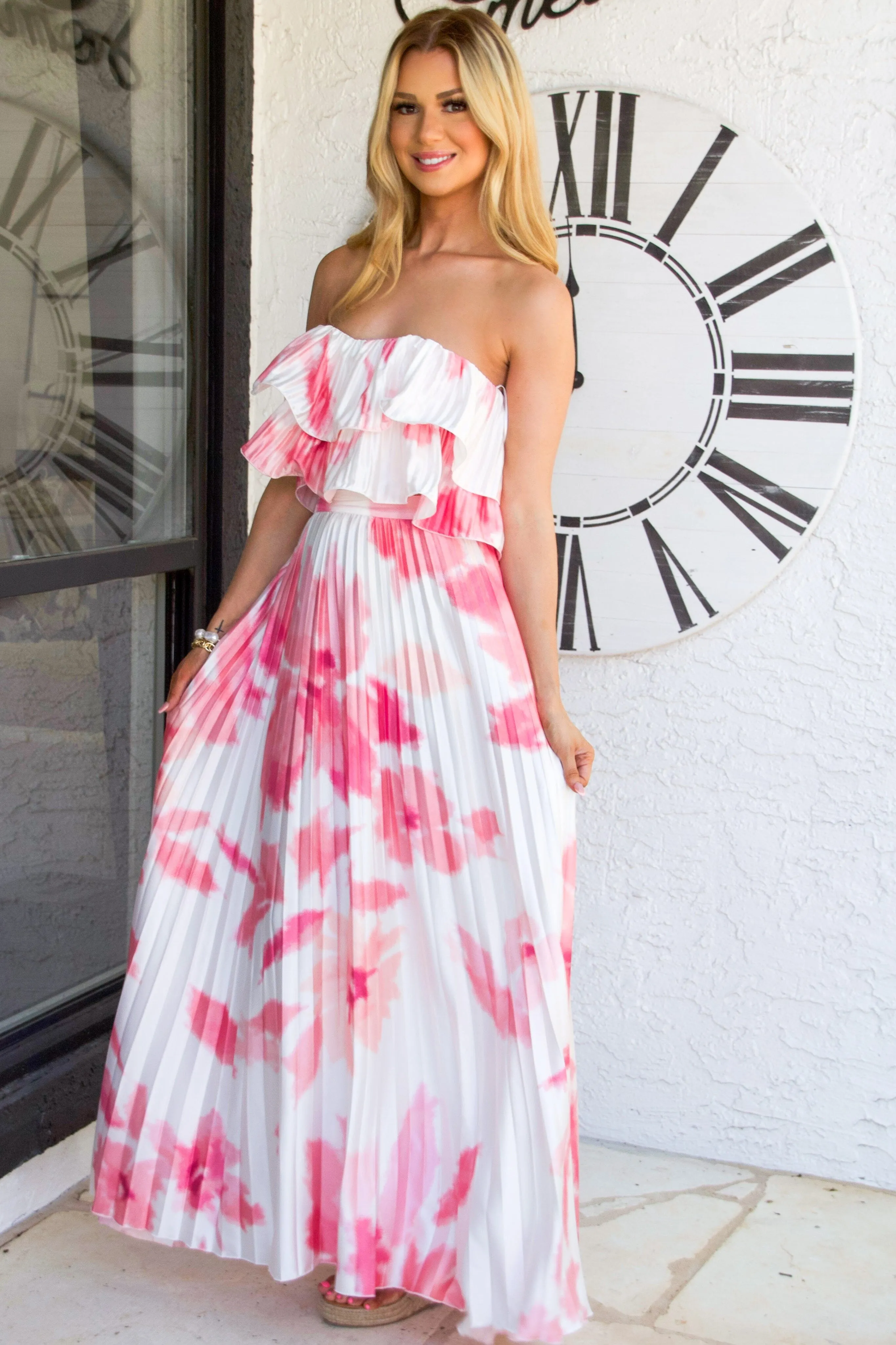 Summer Plans Pleated Floral Two Piece Set: White/Pink sold by Bella and Bloom