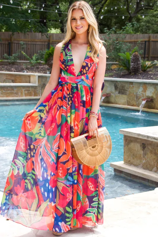 Under the Solstice Sun Tropical Cutout Open Back Maxi Dress: Red Multi sold by Bella and Bloom